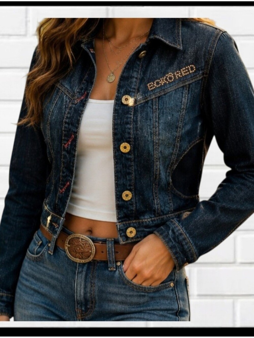 VINTAGE Y2K Ecko Red Studded Rhinestone Dark Wash Cropped Denim Jacket Medium